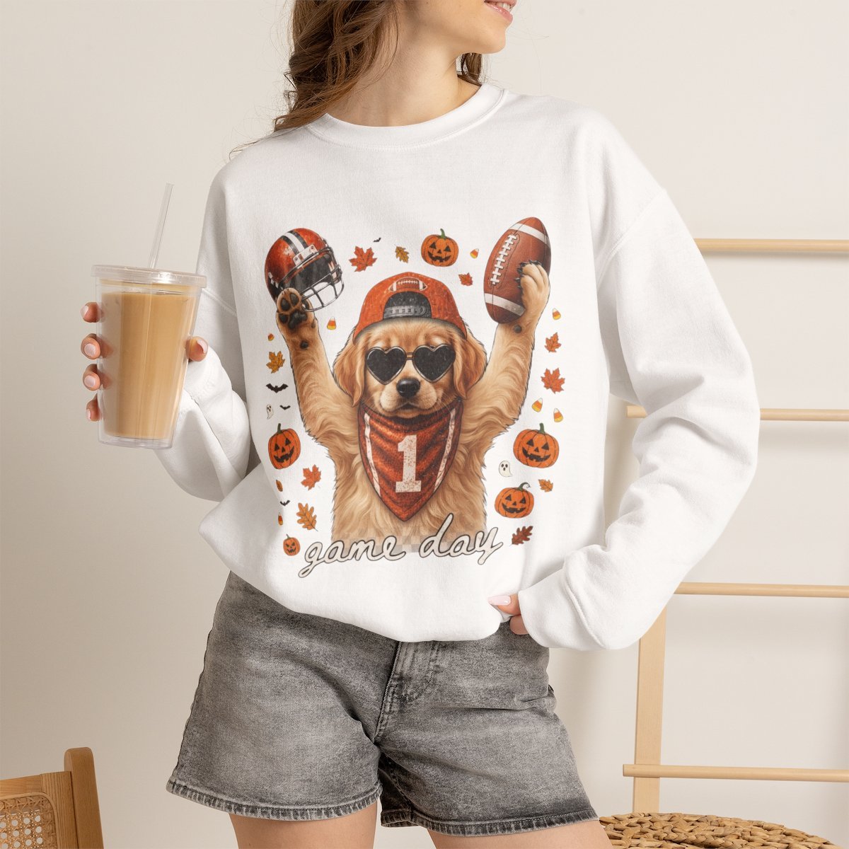 Cute Golden Retriever Football Halloween Sweatshirt for Dog Lovers White