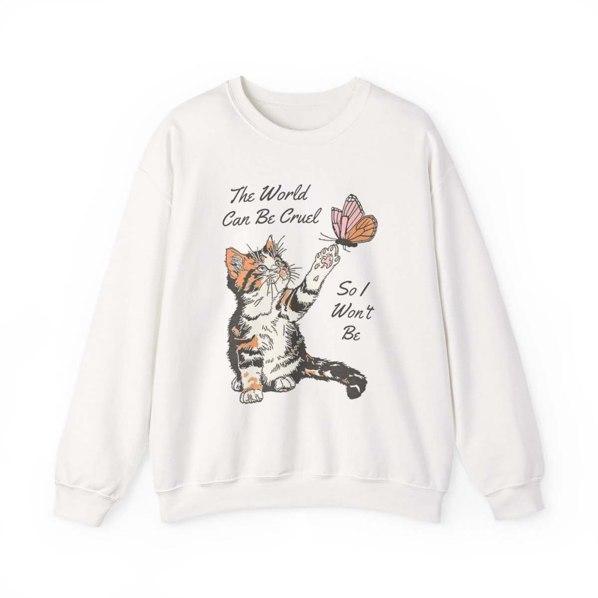 Cute Kitten and Butterfly Wholesome Kindness Quote Unisex Crewneck Sweatshirt Detail