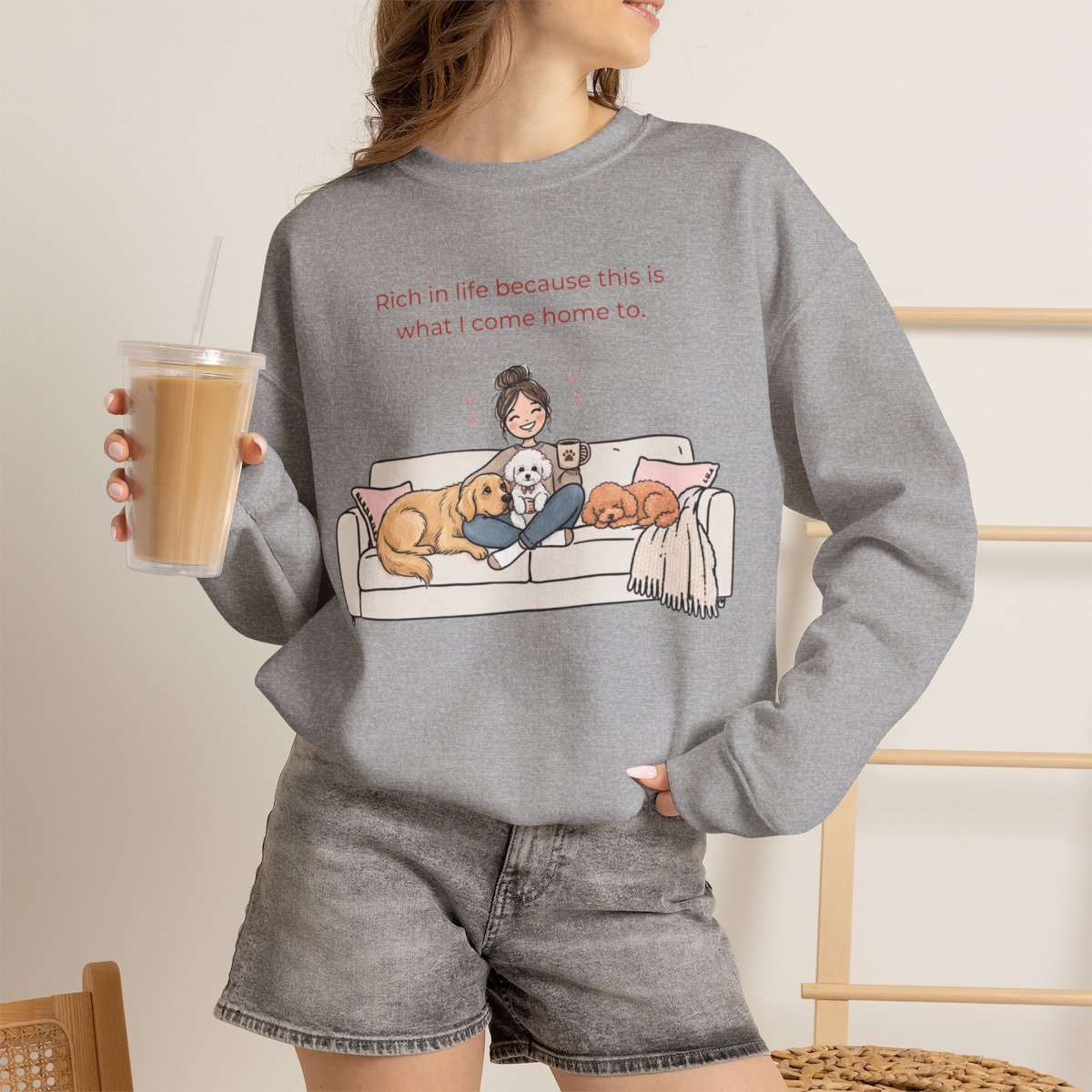62irgr.jpg Cozy Unisex Dog Mom Sweatshirt - Rich In Life Pet Lover Gift Sport Grey