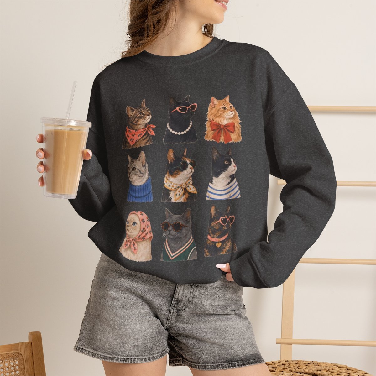 Cute Retro Cat Lover Unisex Crewneck Sweatshirt Cozy Autumn Gift Dark Heather