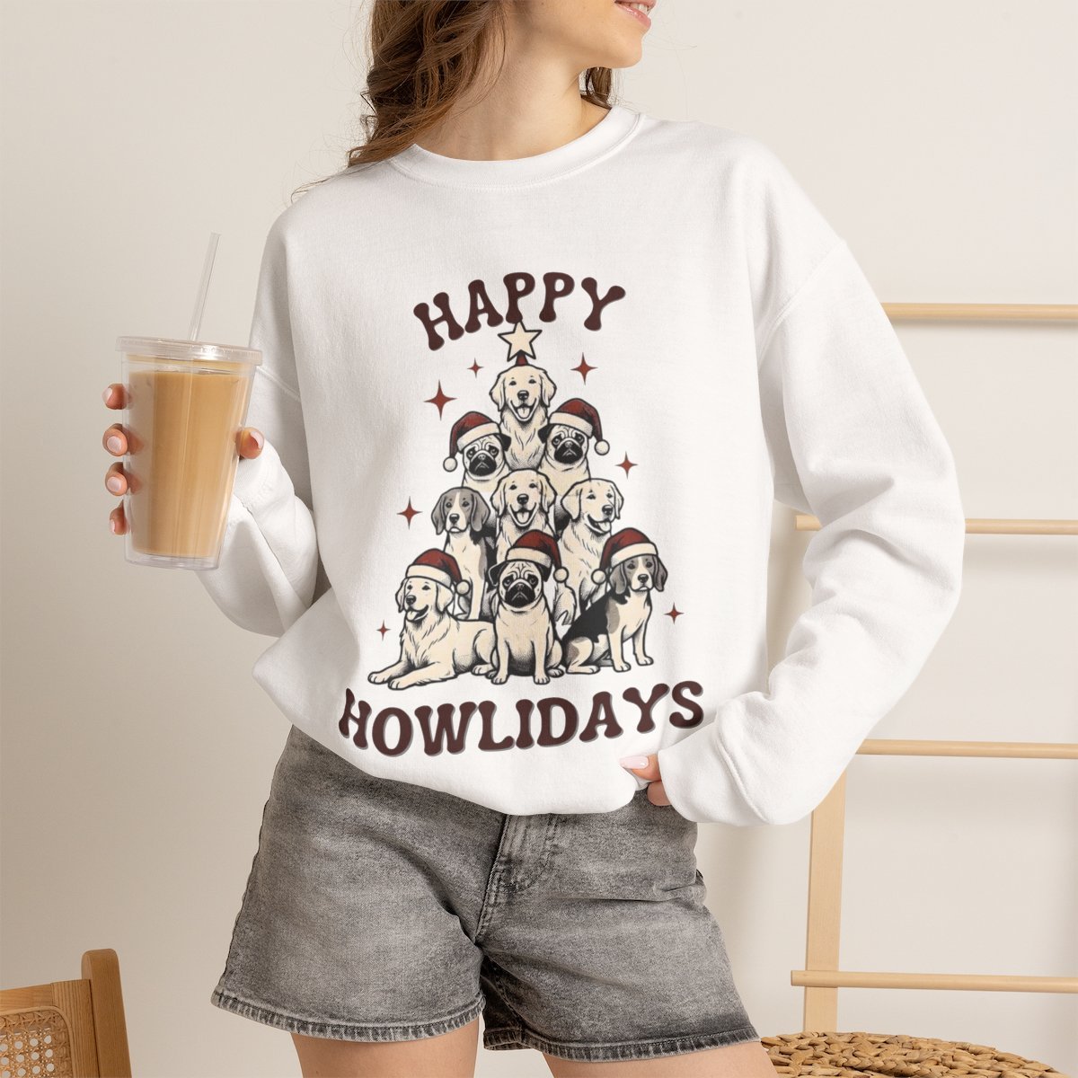 Cute Dog Lover Christmas Tree Unisex Sweatshirt | Happy Howlidays Holiday Gift White