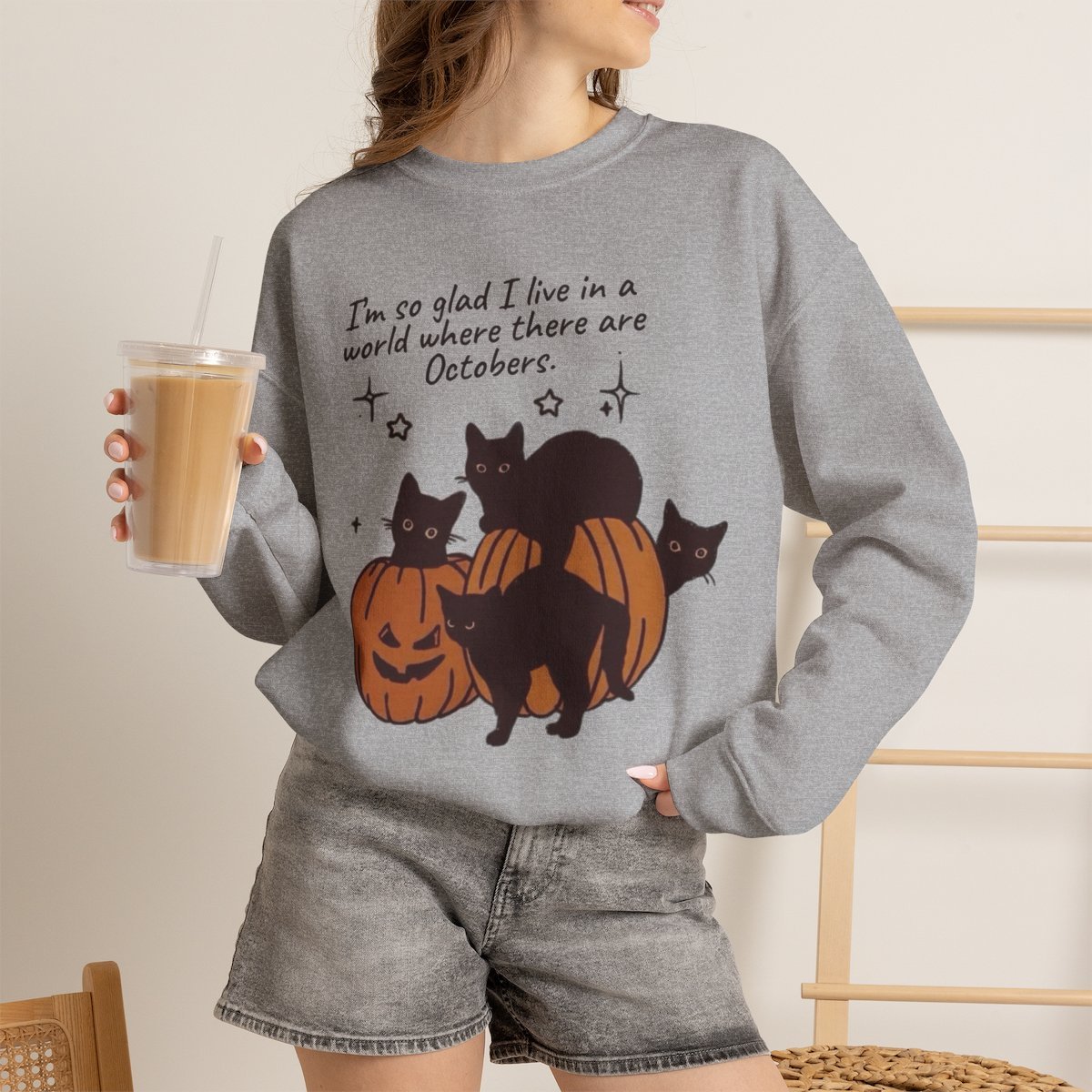 Unisex I'm So Glad There Are Octobers Black Cat Sweatshirt | Cozy Fall & Halloween Outfit Sport Grey