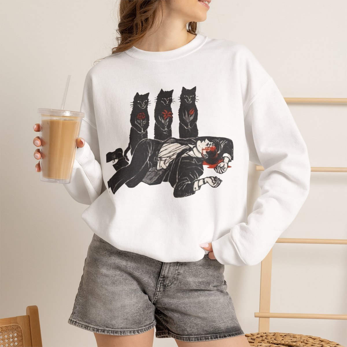 Gothic Black Cat Unisex Sweatshirt - Dark Humor Graphic Crewneck for Cat Lovers White
