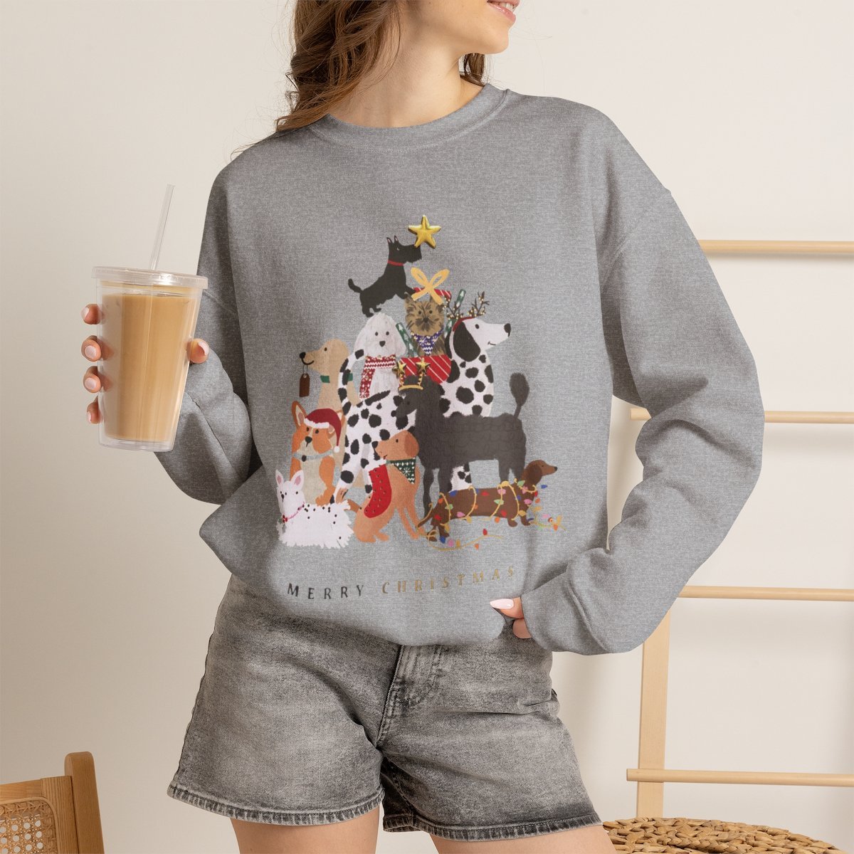 Festive Holiday Dog Tree Unisex Sweatshirt for Christmas Pet Lovers Sport Grey