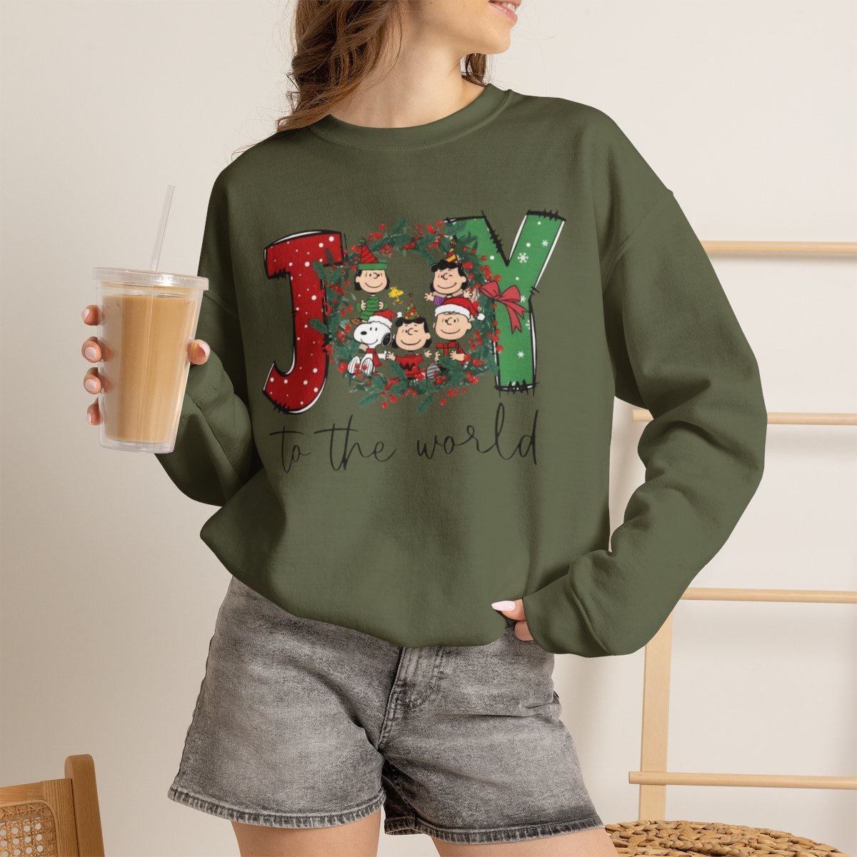 Cozy Unisex Christmas Joy Sweatshirt | Snoopy & Peanuts Holiday Crewneck Military Green