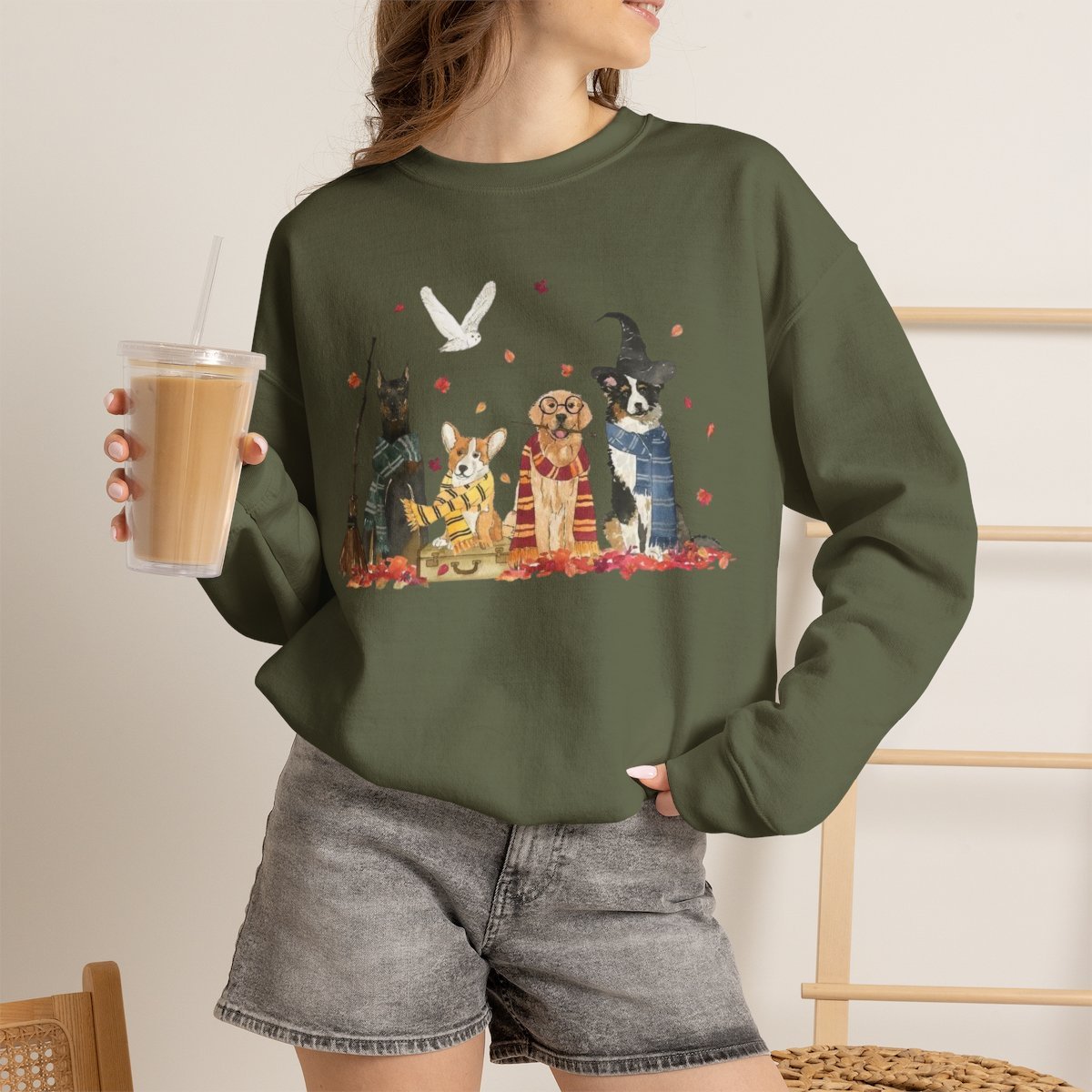 Unisex Wizard Dog Sweatshirt - Cozy Magic School Pup Crewneck for Dog Lovers Military Green