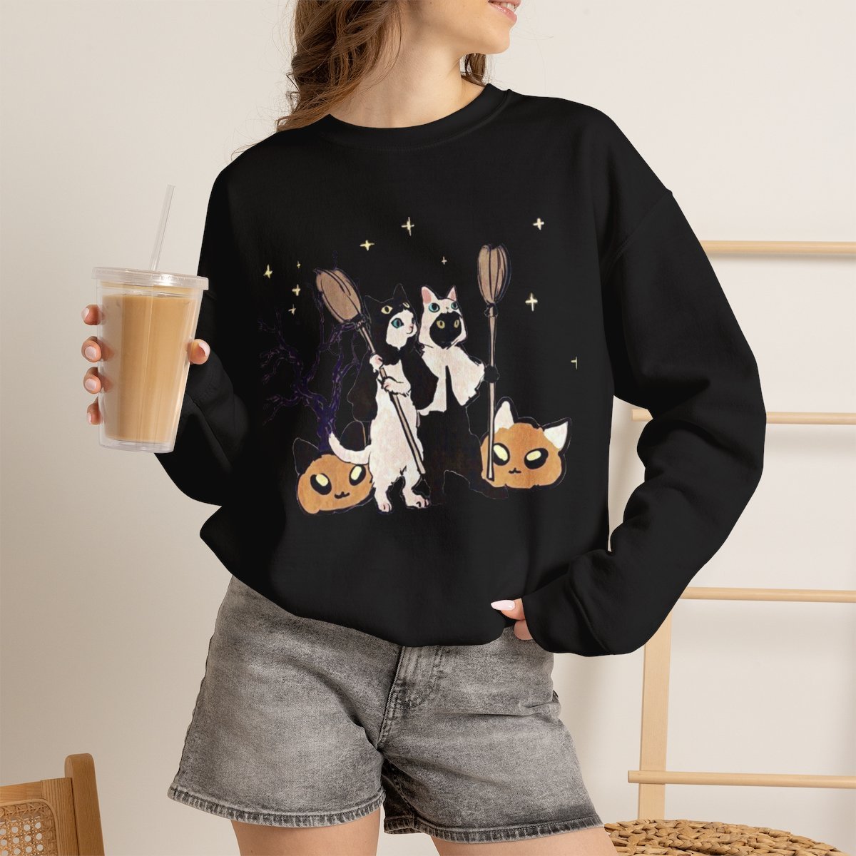 Unisex Cute Witch Cat Halloween Sweatshirt | Spooky Pet Lover Gift Black