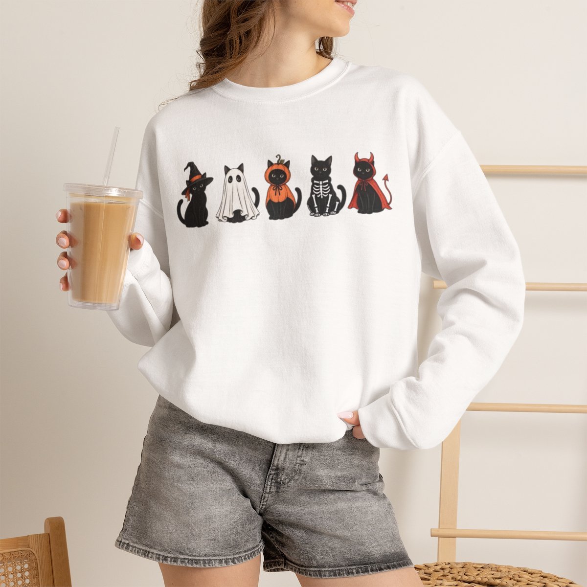 6yzoh5-2.jpg Unisex Cute Halloween Black Cat Costume Sweatshirt | Cozy Spooky Season Crewneck White