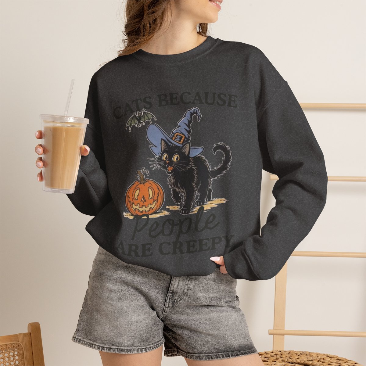 Unisex Cute Black Cat Witch Halloween Sweatshirt For Cat Lovers Dark Heather