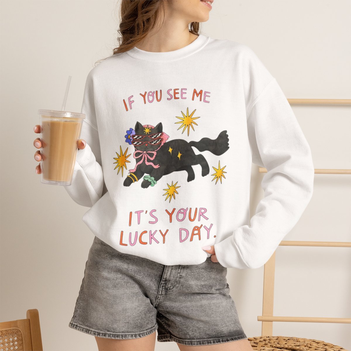 Unisex Lucky Black Cat Graphic Sweatshirt | Whimsical Cat Lover Cozy Crewneck Gift White