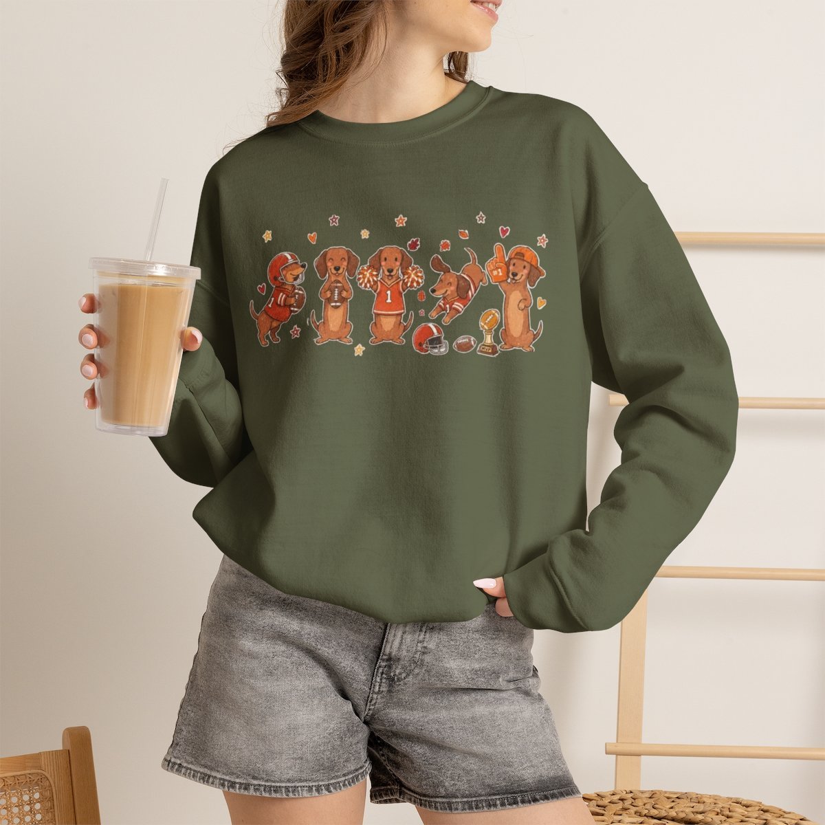 Cute Dachshund Football Game Day Unisex Sweatshirt Military Green
