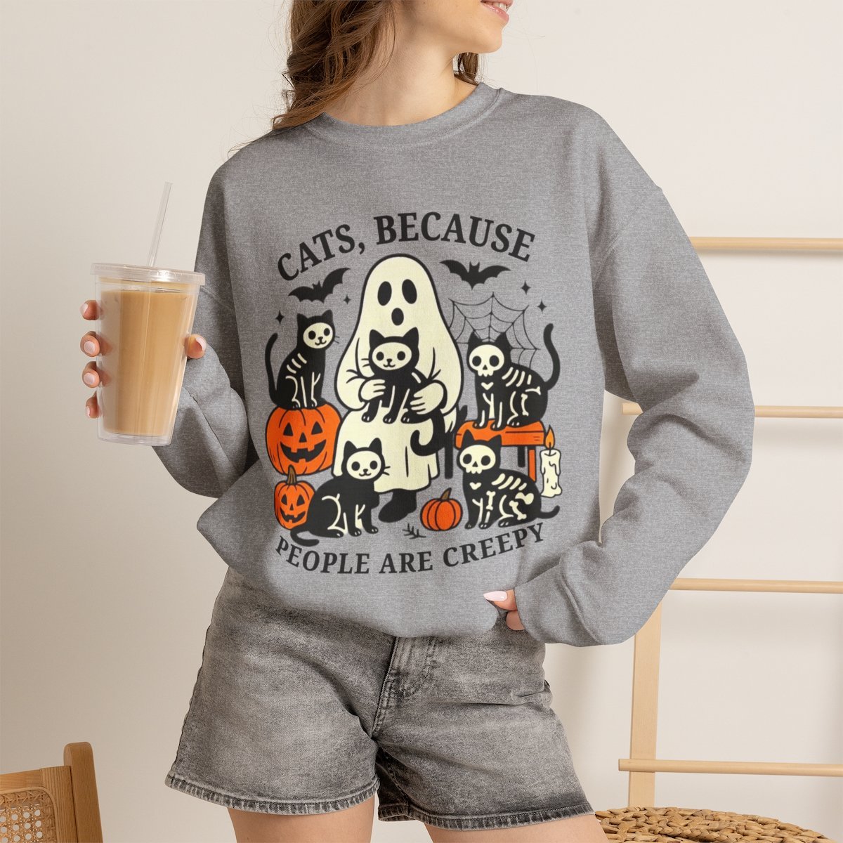 Unisex Cute Halloween Ghost Cat Sweatshirt - Spooky Season Gift for Cat Lovers Sport Grey