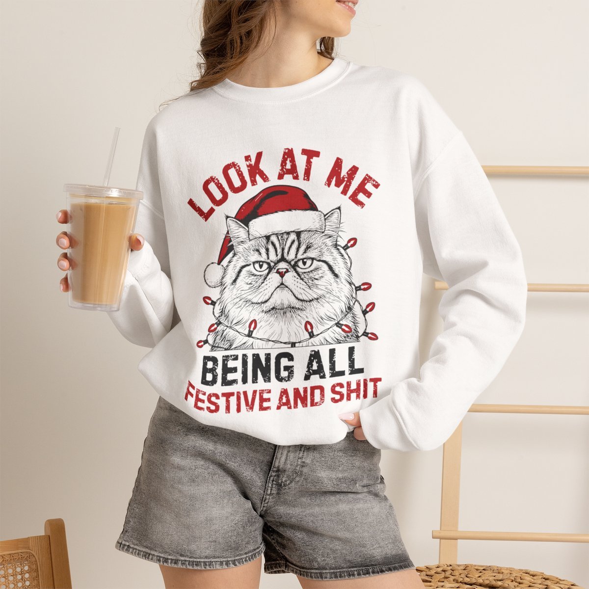 7cv27g.jpg Funny Grumpy Cat Christmas Unisex Sweatshirt - Perfect Holiday Gift for Cat Lovers White