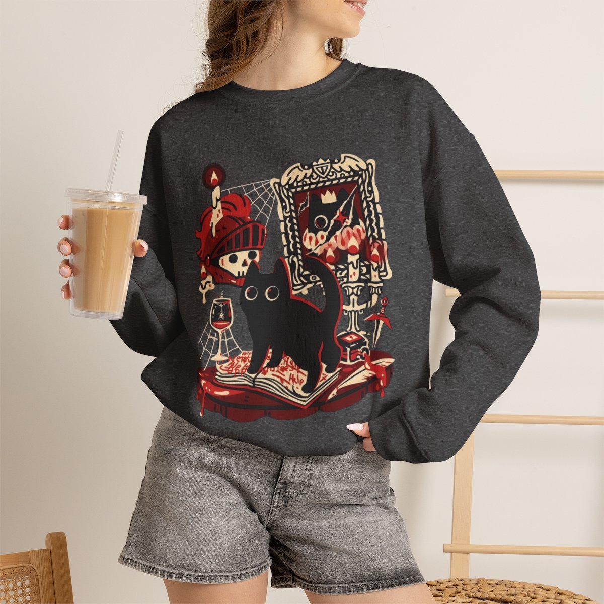 Spooky Gothic Black Cat Unisex Sweatshirt | Halloween Witchy Aesthetic Pullover Dark Heather