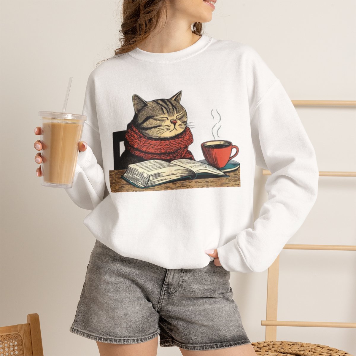 7v90v2.jpg Unisex Cozy Cat Reading Book Sweatshirt | Cute Gift for Bookworms and Cat Lovers White