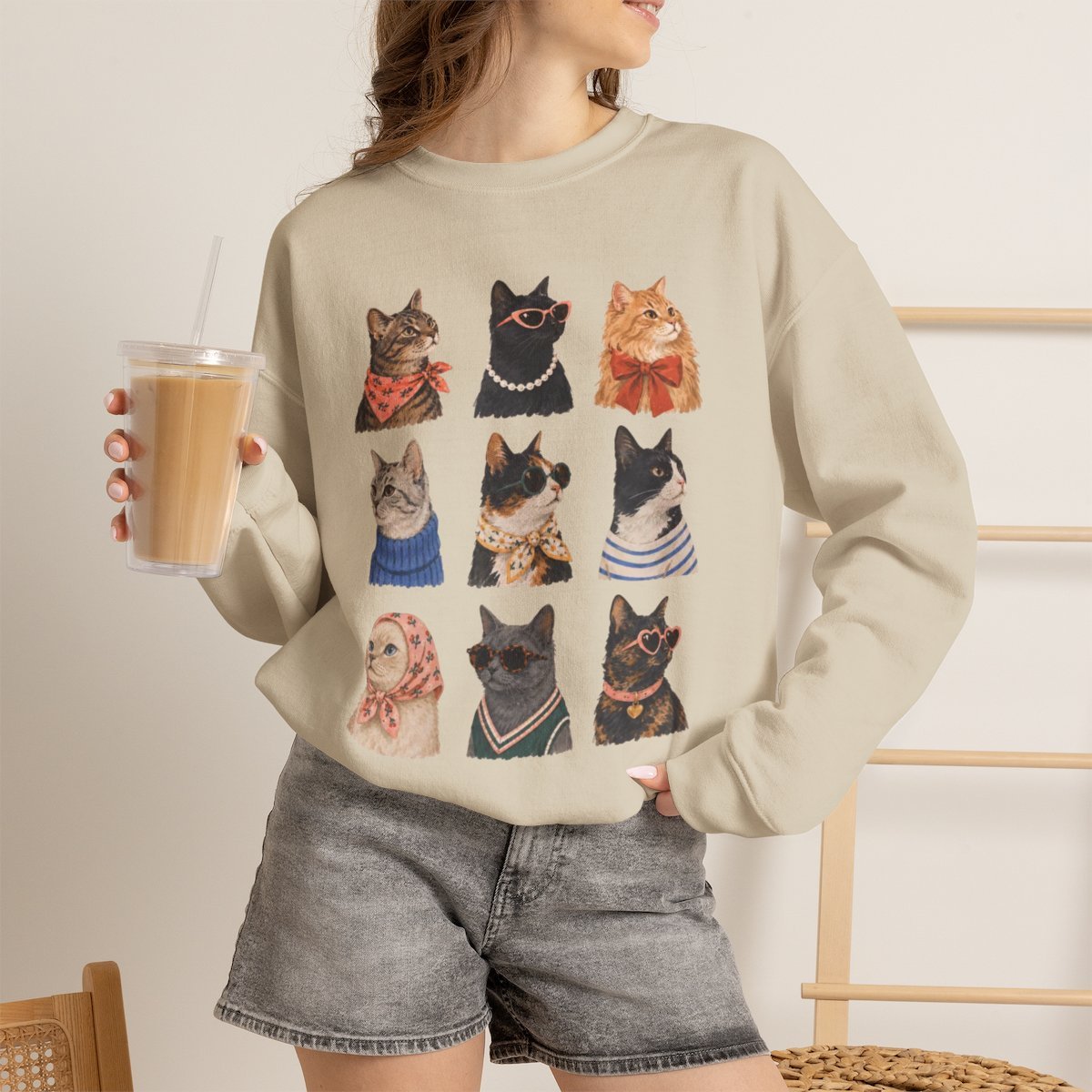 Cute Retro Cat Lover Unisex Crewneck Sweatshirt Cozy Autumn Gift Sand