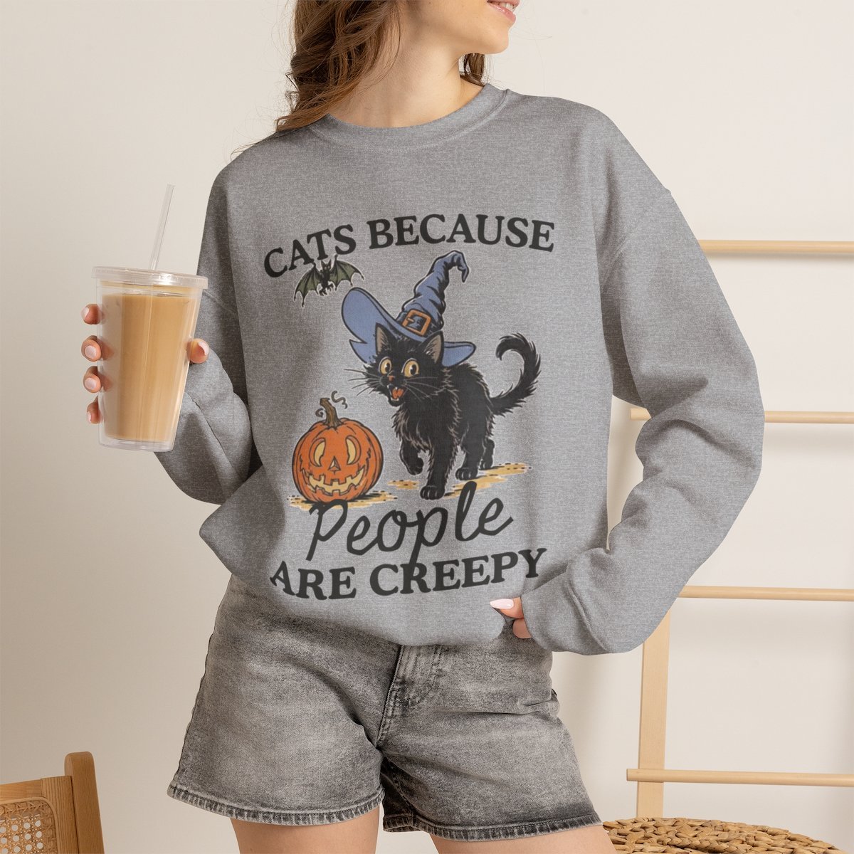 Unisex Cute Black Cat Witch Halloween Sweatshirt For Cat Lovers Sport Grey