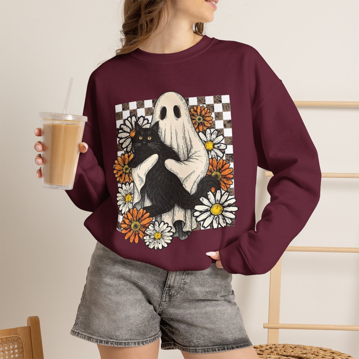 Cute Ghost and Black Cat Retro Halloween Unisex Sweatshirt Maroon