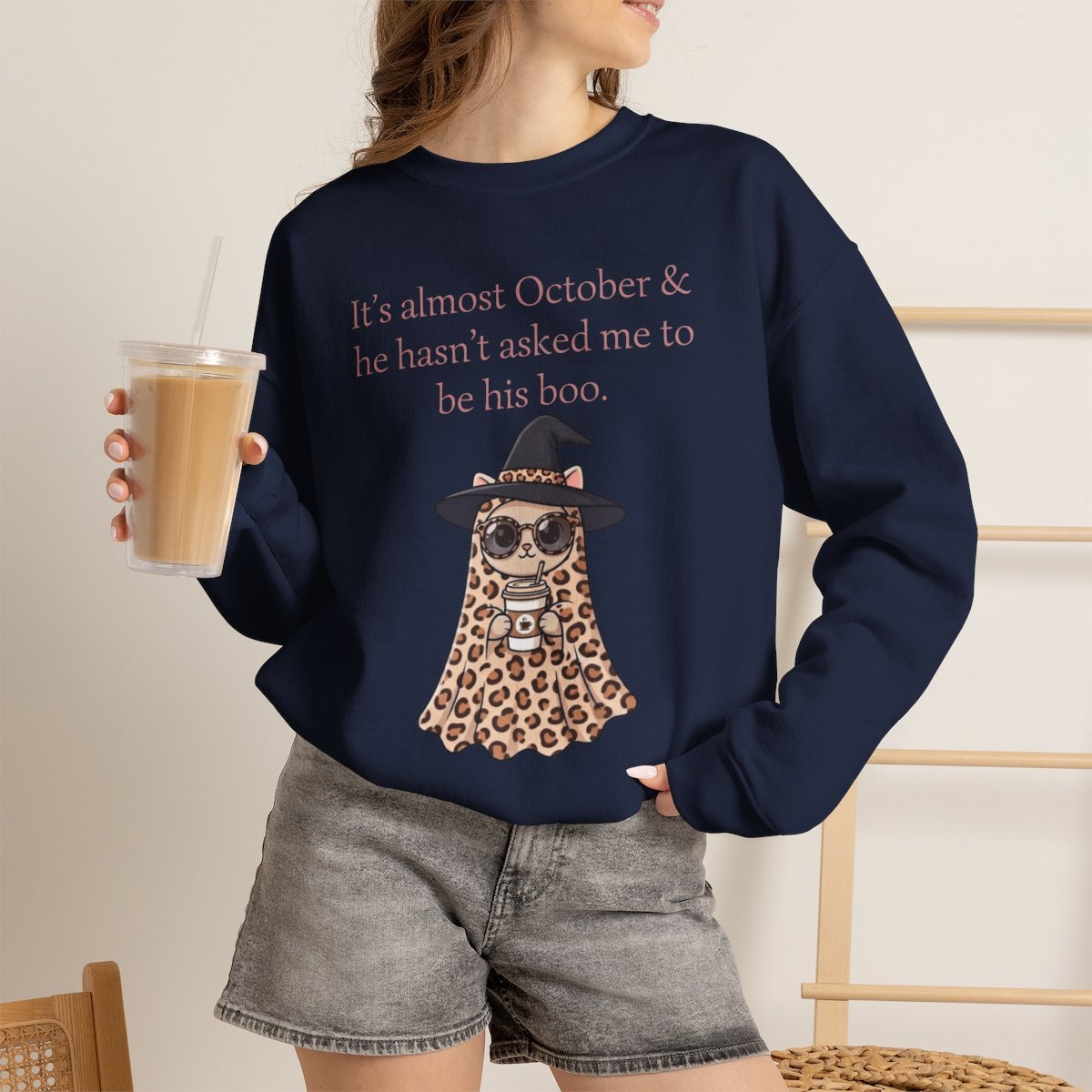 Cute Leopard Ghost Cat Halloween Unisex Sweatshirt | Funny October Fall Crewneck Navy