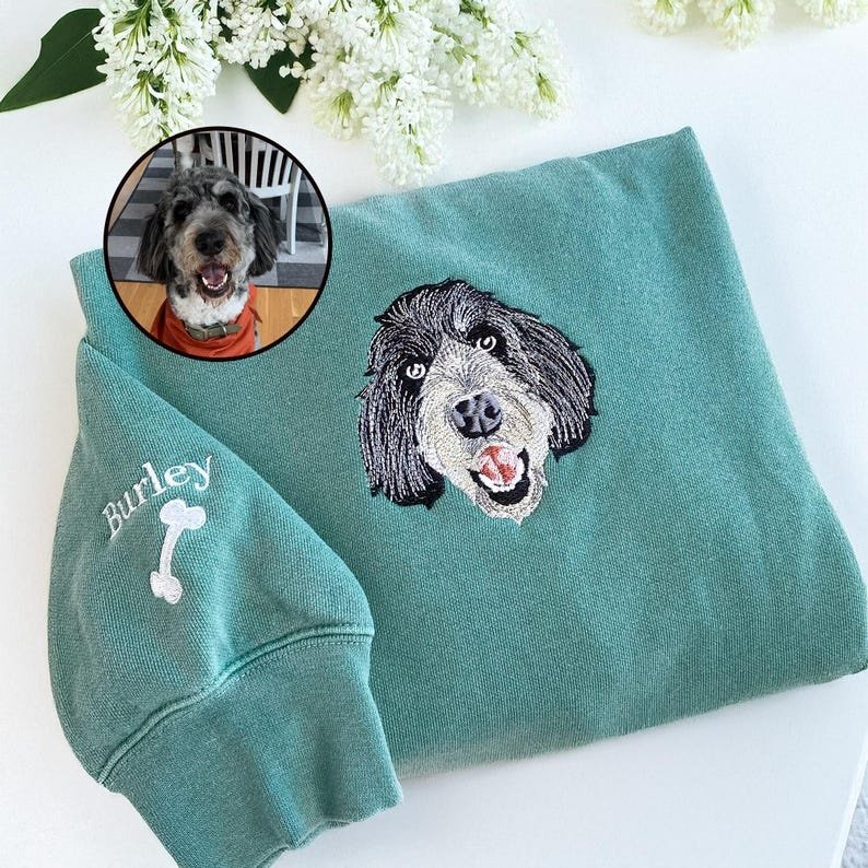 Unisex Comfort Colors Custom Embroidered Pet Sweatshirt - Dog or Cat Portrait From Photo Sweater - Dog Mama Sweatshirt - Mom Birthday Gift White