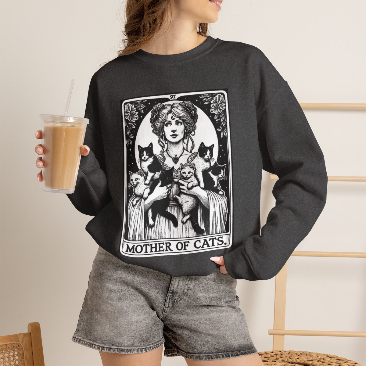 Unisex Mother of Cats Vintage Tarot Style Graphic Sweatshirt for Cat Lovers Dark Heather