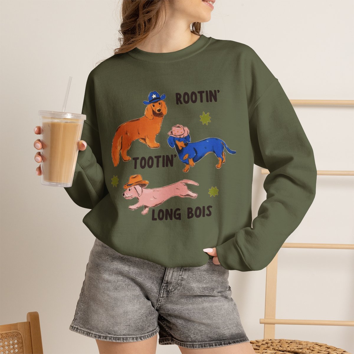 Unisex Cute Dachshund Cowboy Sweatshirt | Rootin Tootin Long Bois Military Green