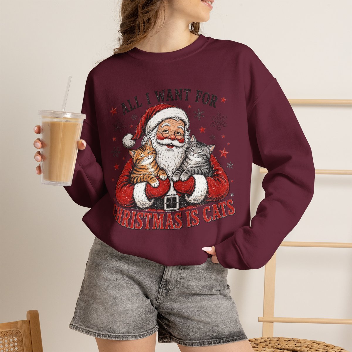 All I Want For Christmas Is Cats Unisex Sweatshirt | Cute Cat Lover Holiday Gift Maroon