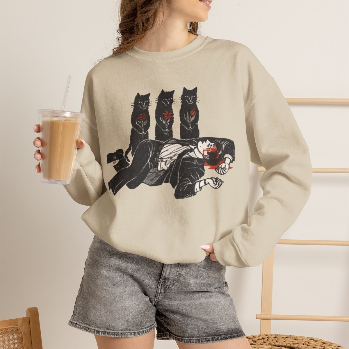 Gothic Black Cat Unisex Sweatshirt - Dark Humor Graphic Crewneck for Cat Lovers Sand