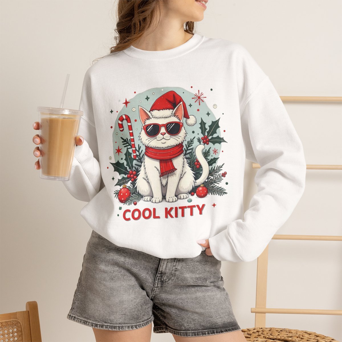 Cute Christmas Cat Sweatshirt | Unisex Holiday Cool Kitty Graphic Sweater White