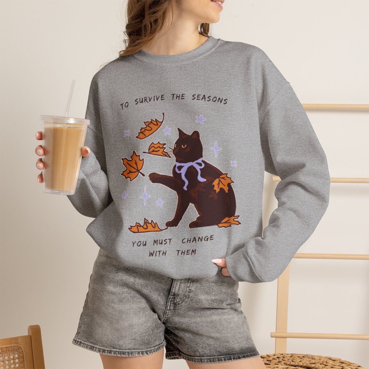Cozy Black Cat Fall Season Unisex Sweatshirt | Autumn Apparel Gift Sport Grey