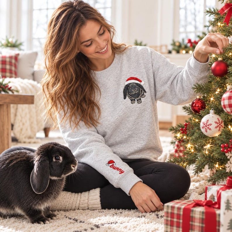 Unisex Rabbit Christmas Embroidery Sweatshirt for Human - Custom Pet Portrait Sweatshirt Using Photo - Personalized Lop-Eared Rabbit Xmas Gifts Maroon