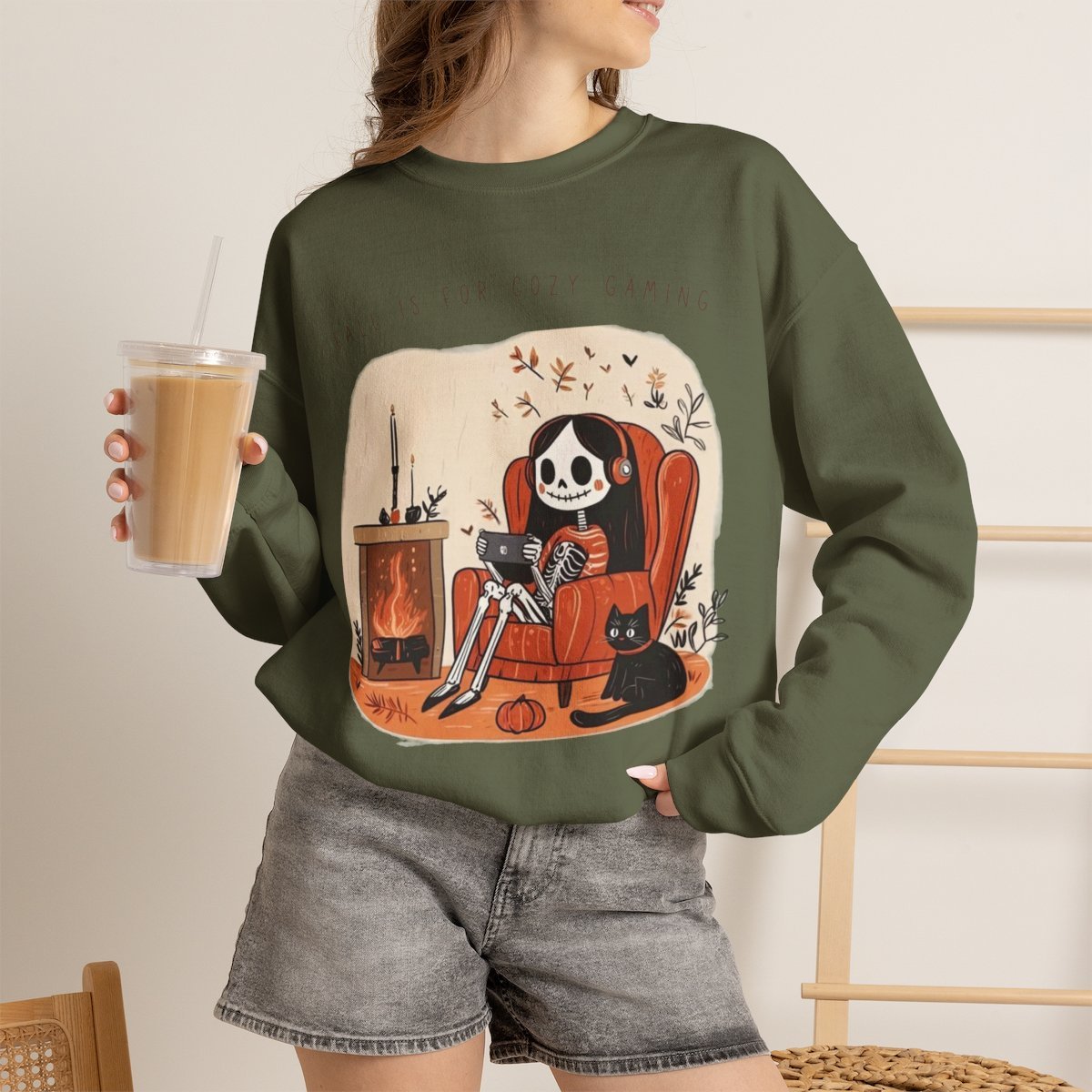 Unisex Cozy Gaming Skeleton Sweatshirt with Cute Cat | Fall Apparel & Gifts Military Green