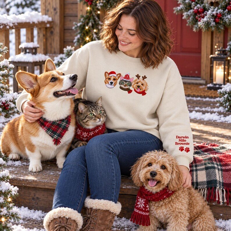 Unisex Custom Christmas Pet Sweatshirt, Personalized Dog Cat Portrait Embroidered Crewneck, Christmas Sweater For Dog Mom, Xmas Gift For Pet Lovers Dark Heather