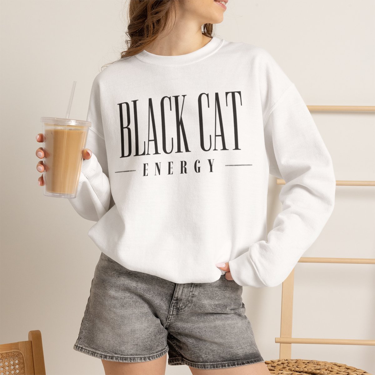 Retro Black Cat Energy Unisex Sweatshirt | Cozy Cat Mom Gift Ideas White