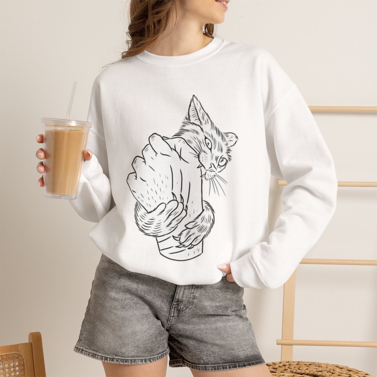 9bo4ti.jpg Unisex Cute Cat Bite Graphic Sweatshirt for Cat Lovers White