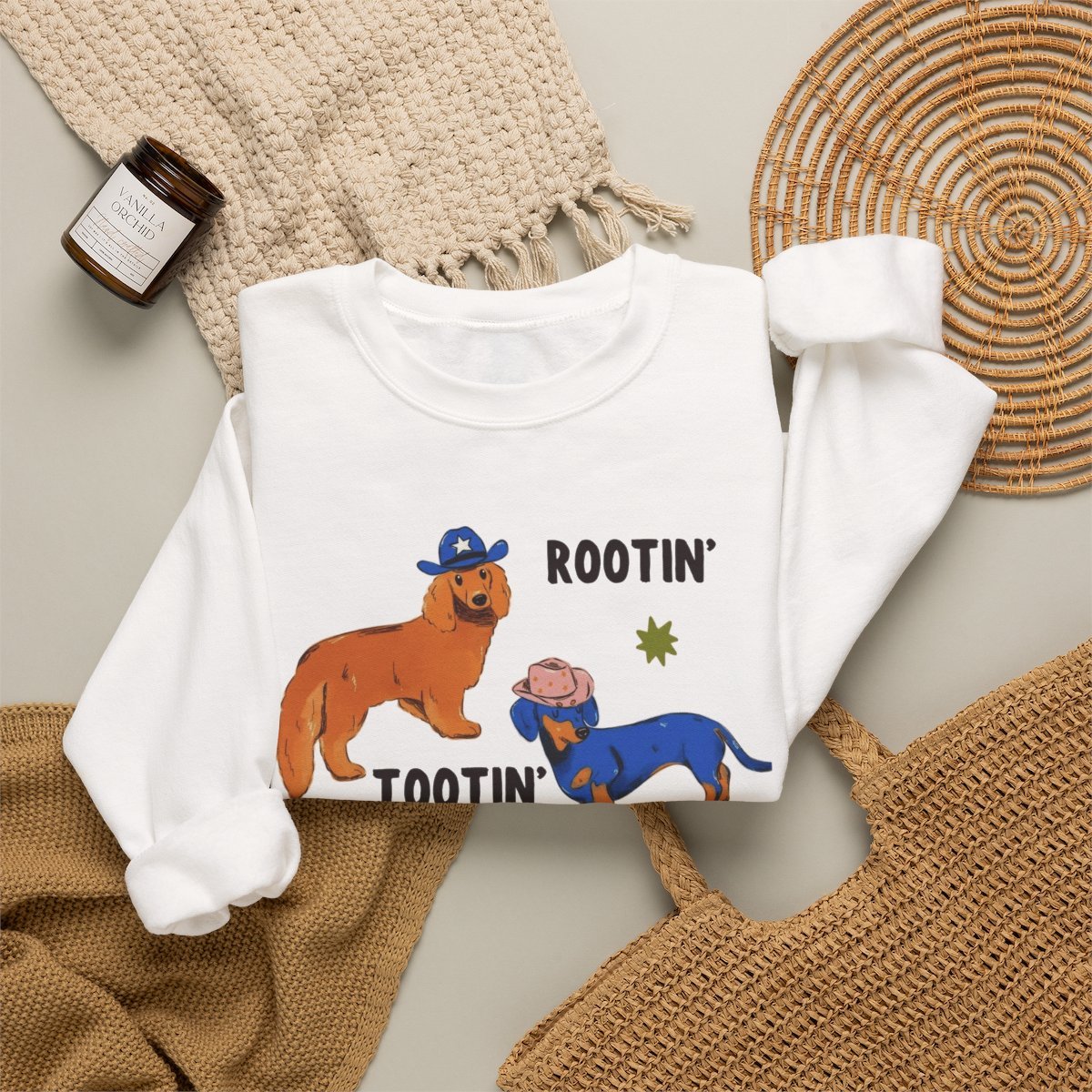Unisex Cute Dachshund Cowboy Sweatshirt | Rootin Tootin Long Bois Detail