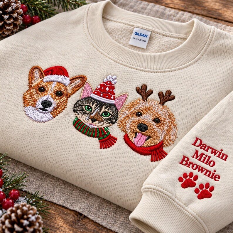 Unisex Custom Christmas Pet Sweatshirt, Personalized Dog Cat Portrait Embroidered Crewneck, Christmas Sweater For Dog Mom, Xmas Gift For Pet Lovers Sand