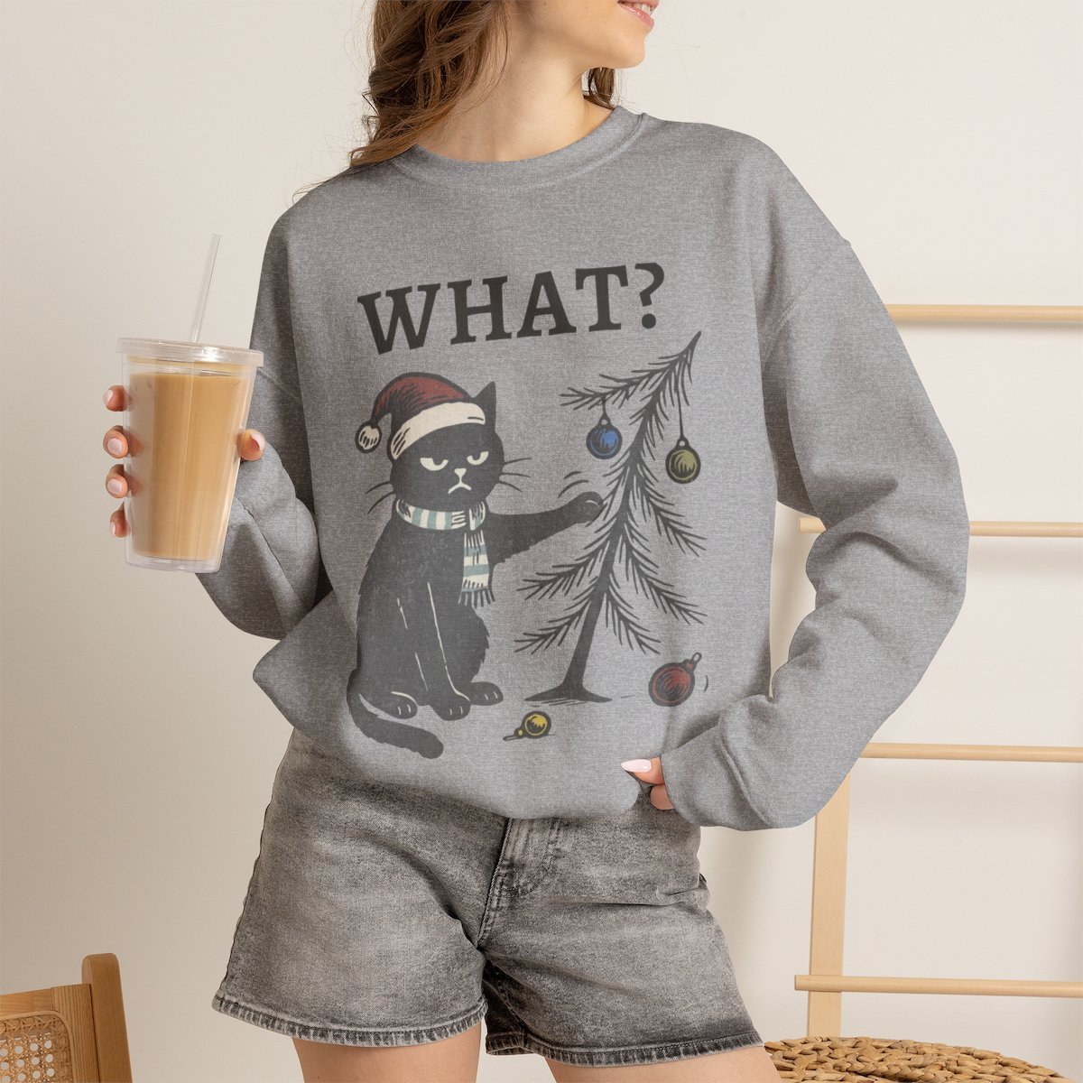 Unisex Funny Black Cat Christmas Sweatshirt | Cute Holiday Gift for Cat Lovers Sport Grey