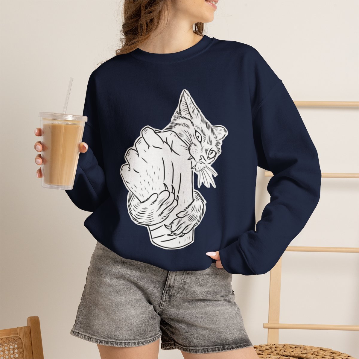 Unisex Cute Cat Bite Graphic Sweatshirt for Cat Lovers Navy