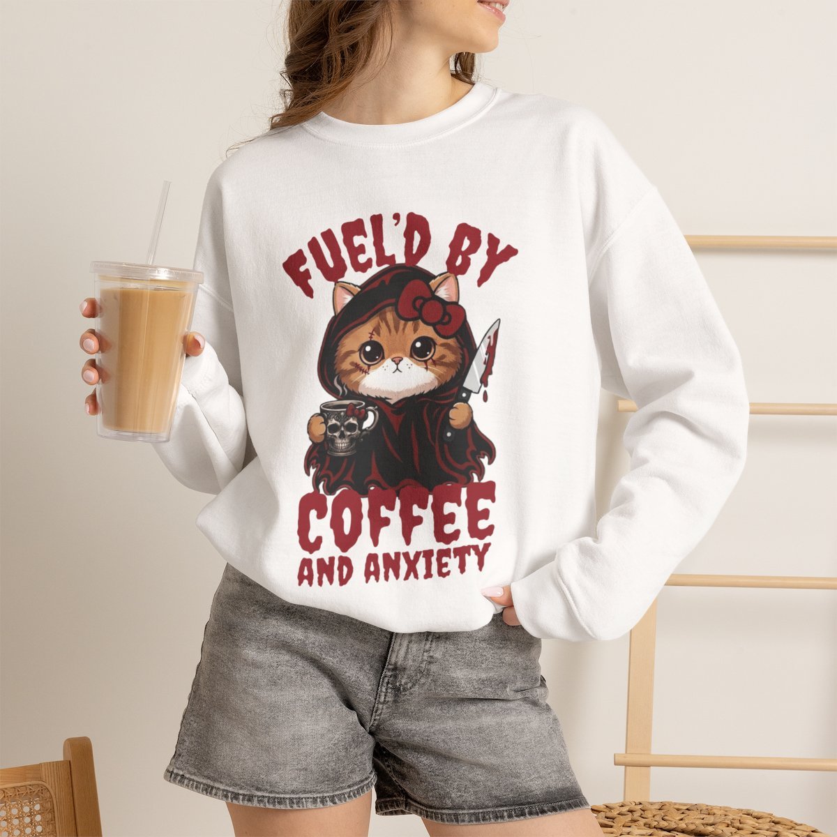 9nsp6k.jpg Funny Coffee Cat Unisex Sweatshirt | Goth Cat Lover Gift White