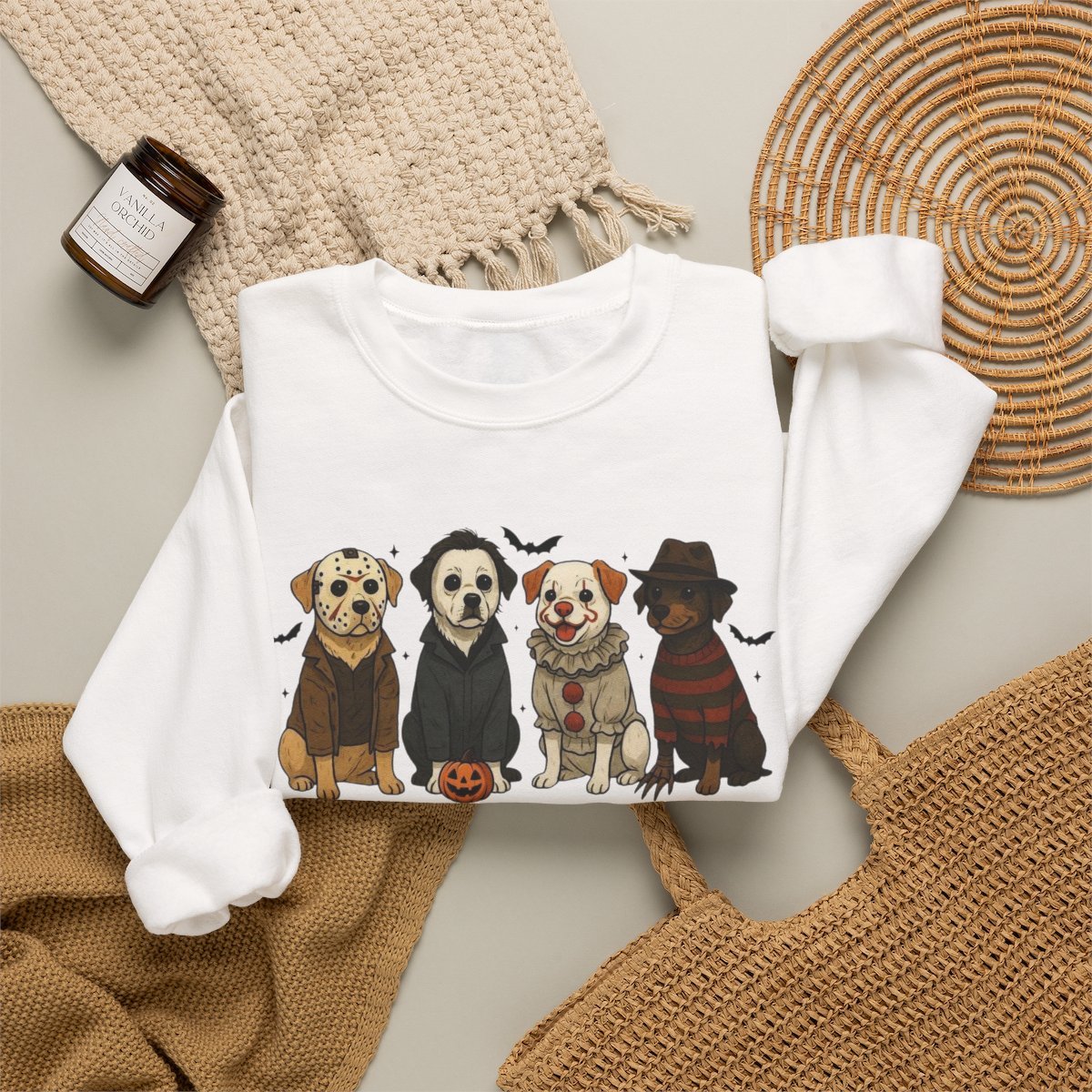 Unisex Halloween Dog Sweatshirt | Cute Horror Movie Fan Cozy Crewneck Detail