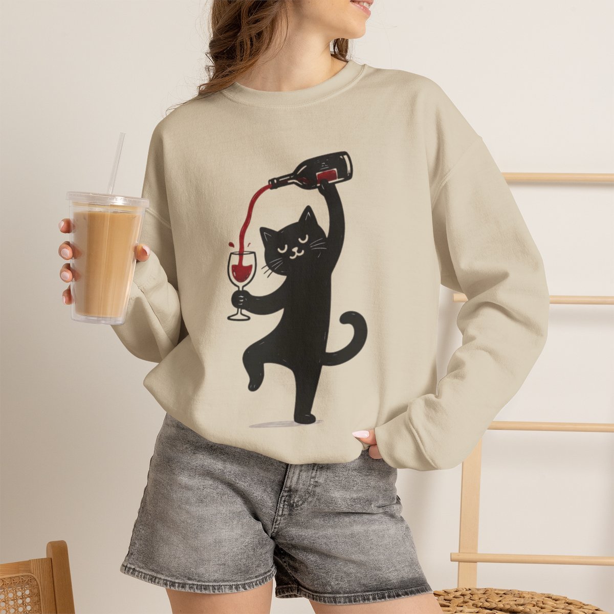 Cute Black Cat Pouring Wine Unisex Sweatshirt - Funny Wine Lover Gift Idea Sand
