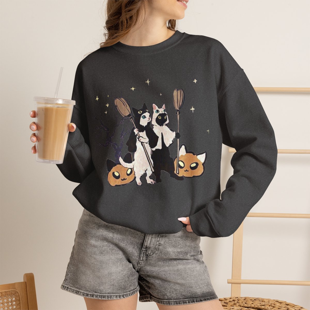Unisex Cute Witch Cat Halloween Sweatshirt | Spooky Pet Lover Gift Dark Heather