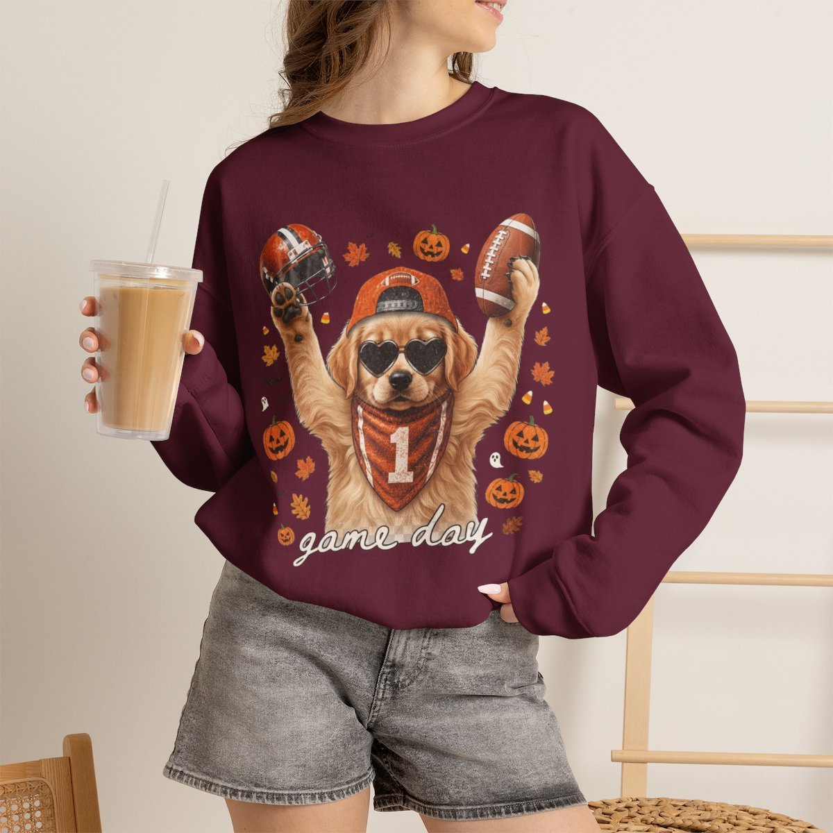 Cute Golden Retriever Football Halloween Sweatshirt for Dog Lovers Maroon