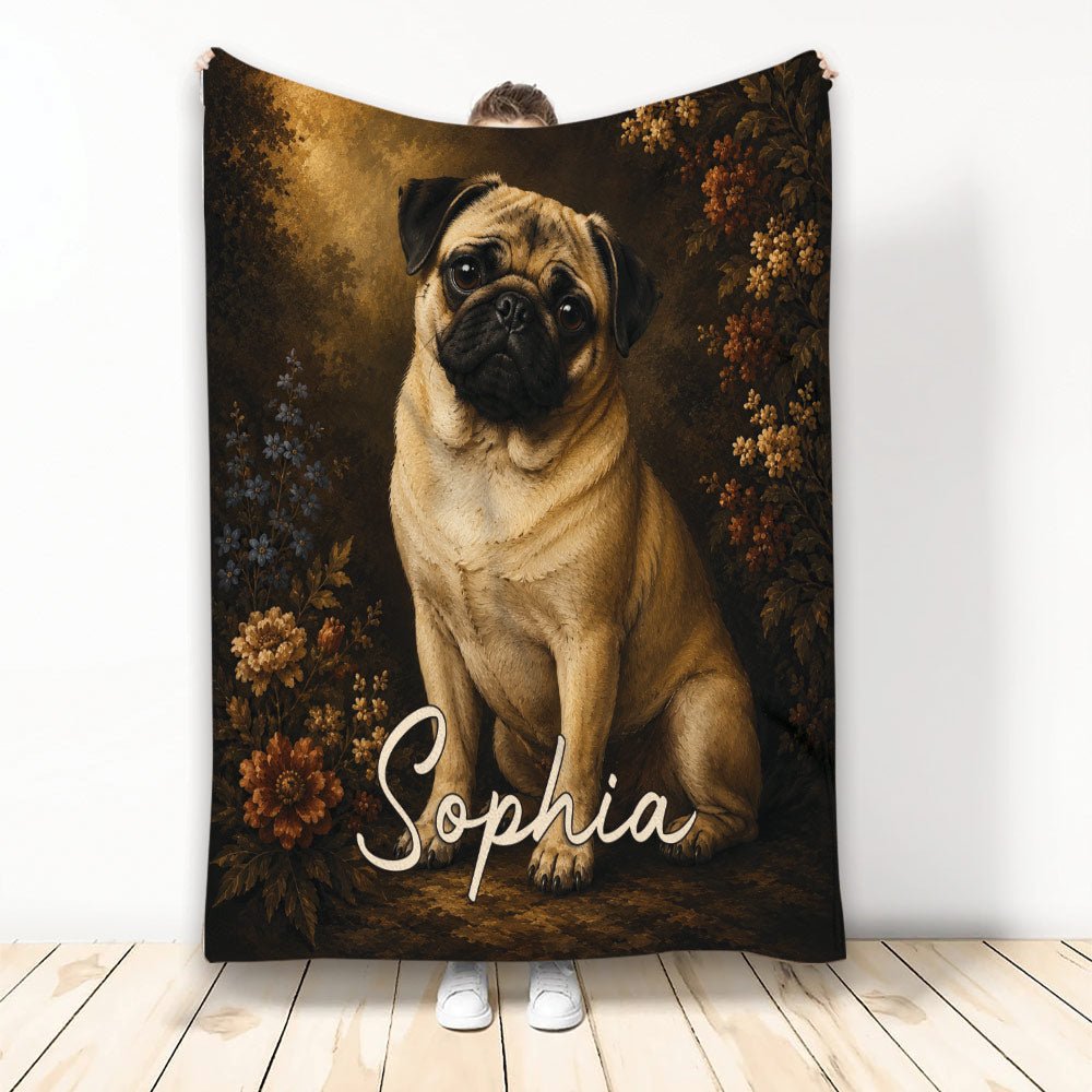 Custom Pug Throw Blanket, Vintage Floral Dog Design