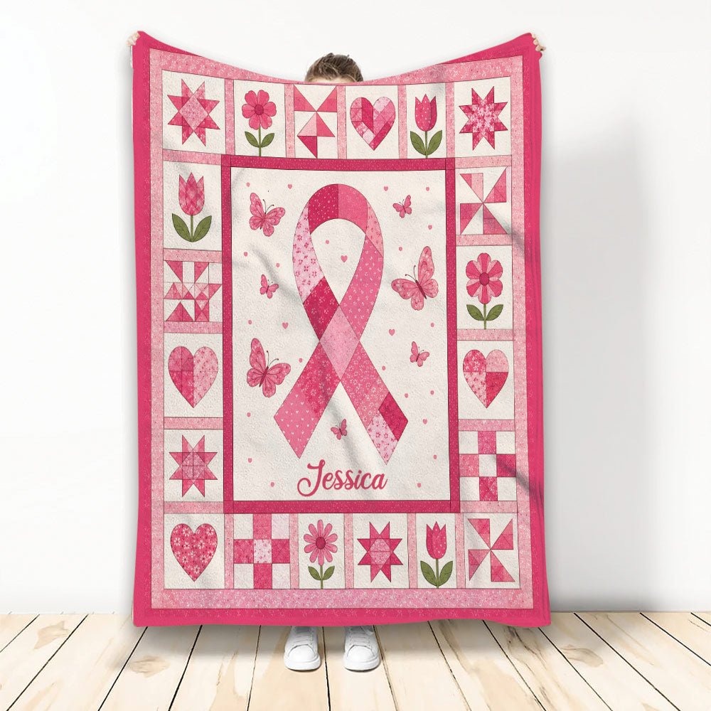 Custom Breast Cancer Throw Blanket, Pink Ribbon Design