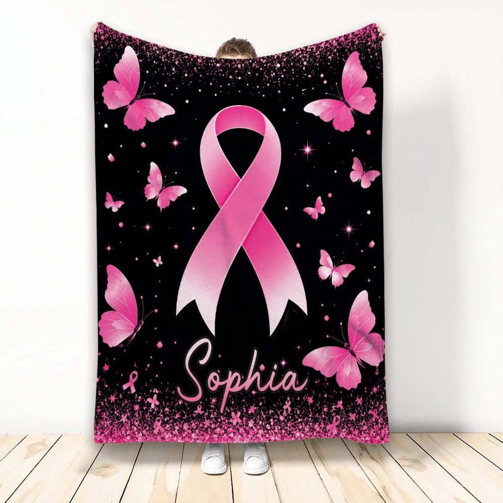 Custom Breast Cancer Throw Blanket, Pink Ribbon Butterfly Design