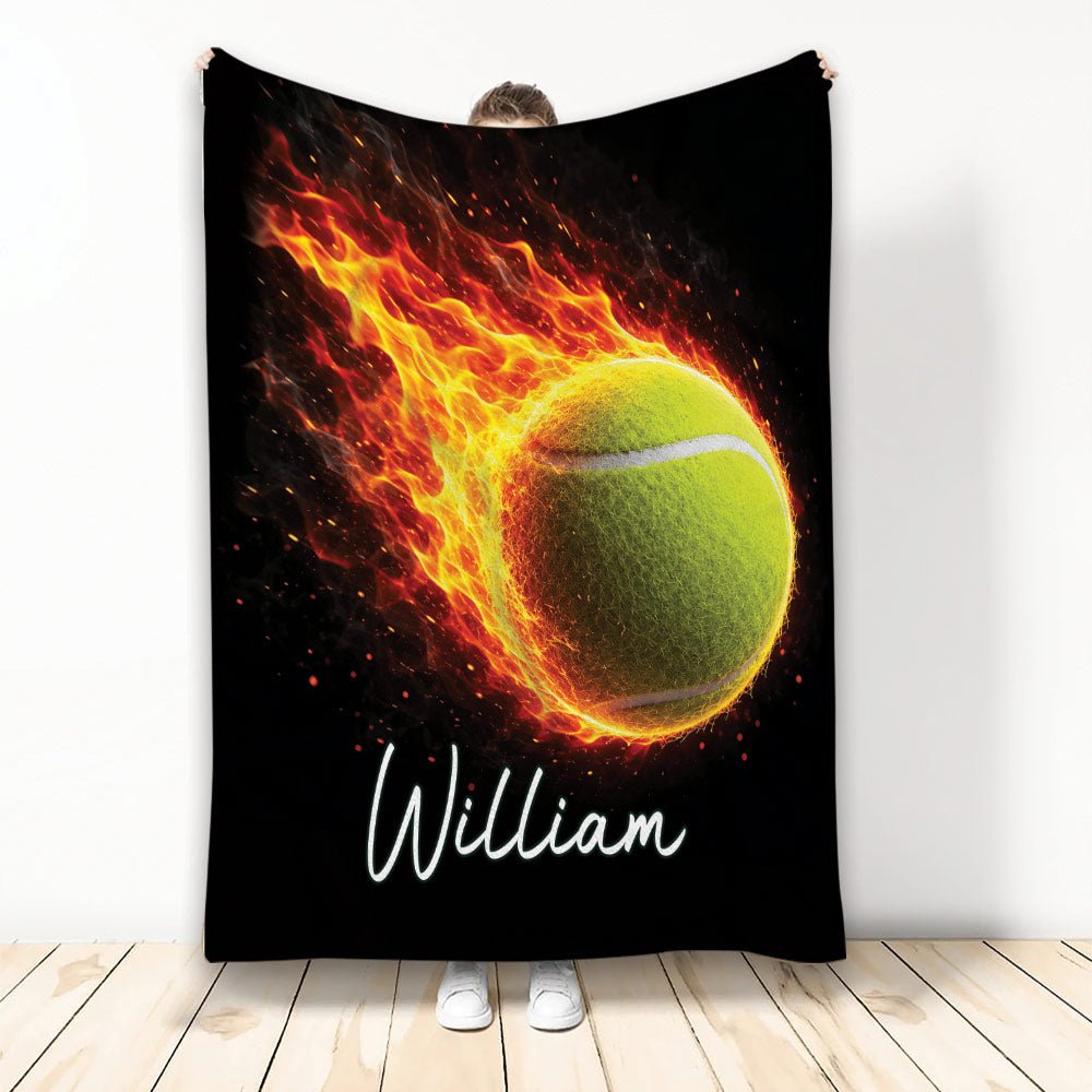 Custom Tennis Throw Blanket, Fiery Tennis Ball Design