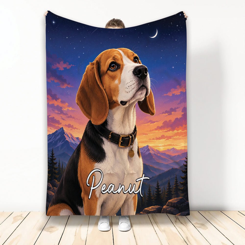 Custom Beagle Throw Blanket, Mountain Sunset Dog Design