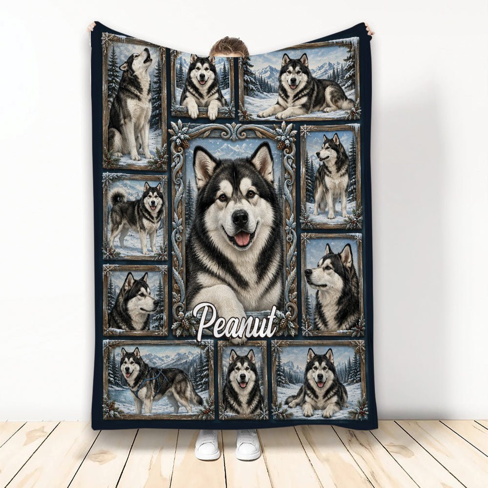 Custom Alaskan Malamute Throw Blanket, Winter Dog Design